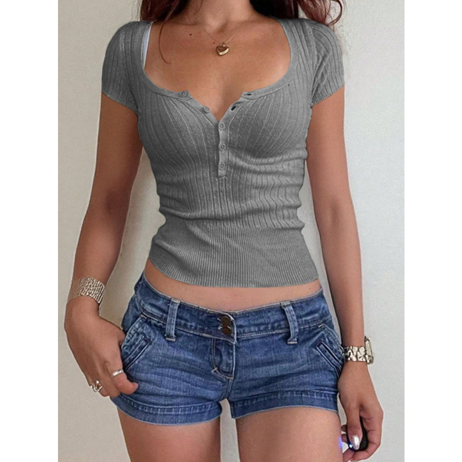 Half Button Scoop Neck Short Sleeve Knit Top Apparel and Accessories