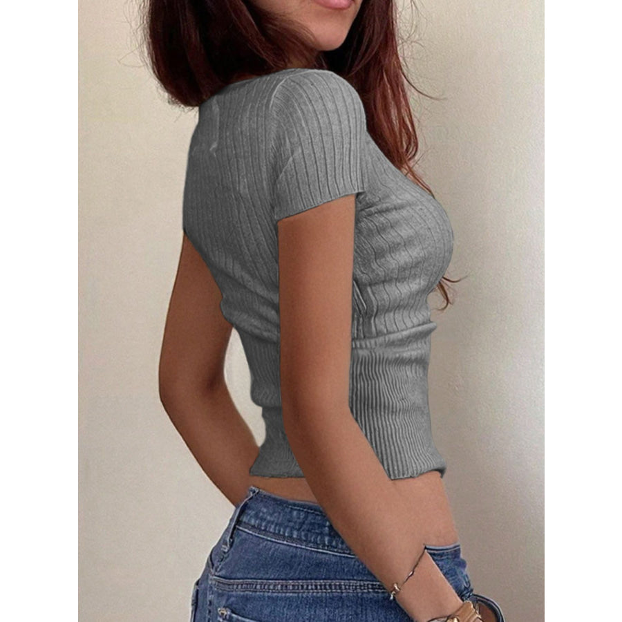 Half Button Scoop Neck Short Sleeve Knit Top Apparel and Accessories