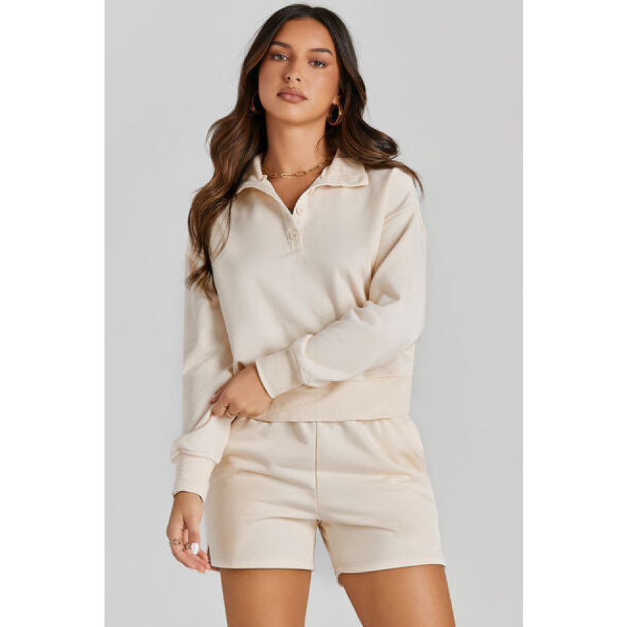 Half Button Sweatshirt and Shorts Active Set Cream / S Clothing