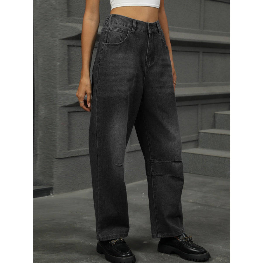 Half Elastic Waist Straight Leg Jeans Apparel and Accessories