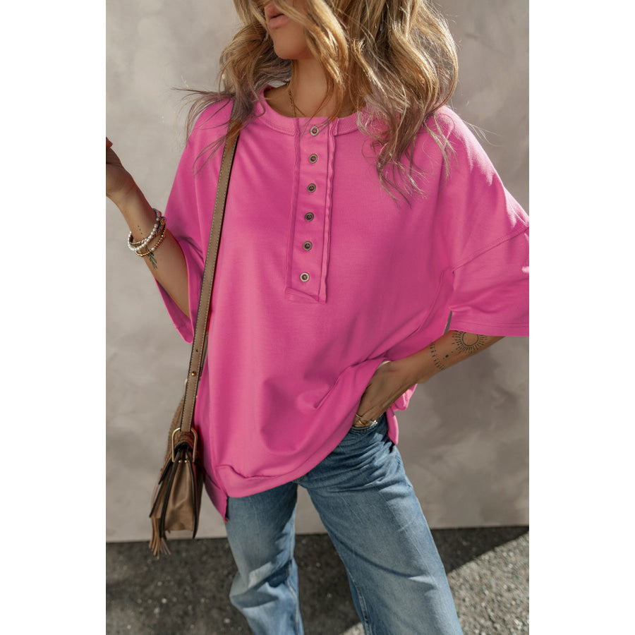 Half Snap Dropped Shoulder Sweatshirt Hot Pink / S Apparel and Accessories