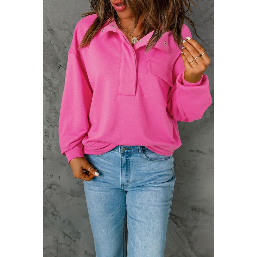 Half Snap Long Sleeve Sweatshirt Fuchsia Pink / S Apparel and Accessories