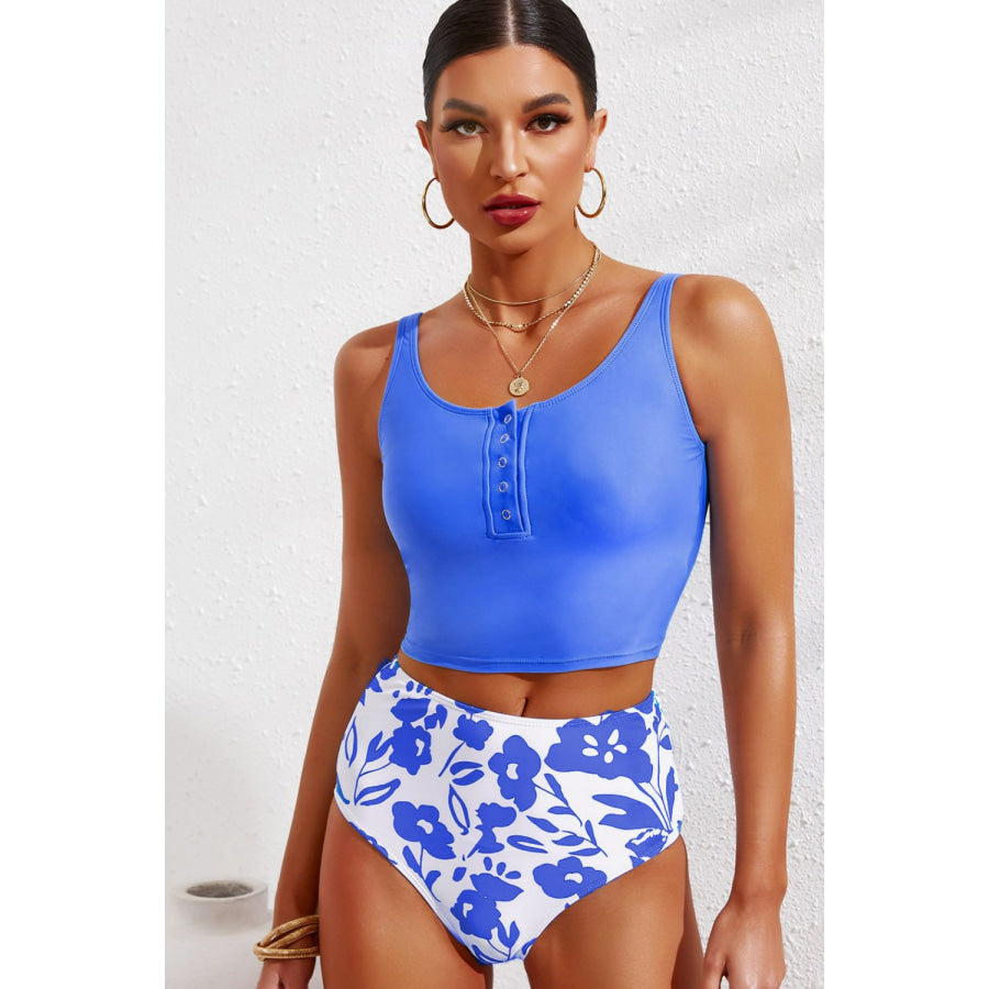 Half Snap Square Neck Tankini Set Apparel and Accessories
