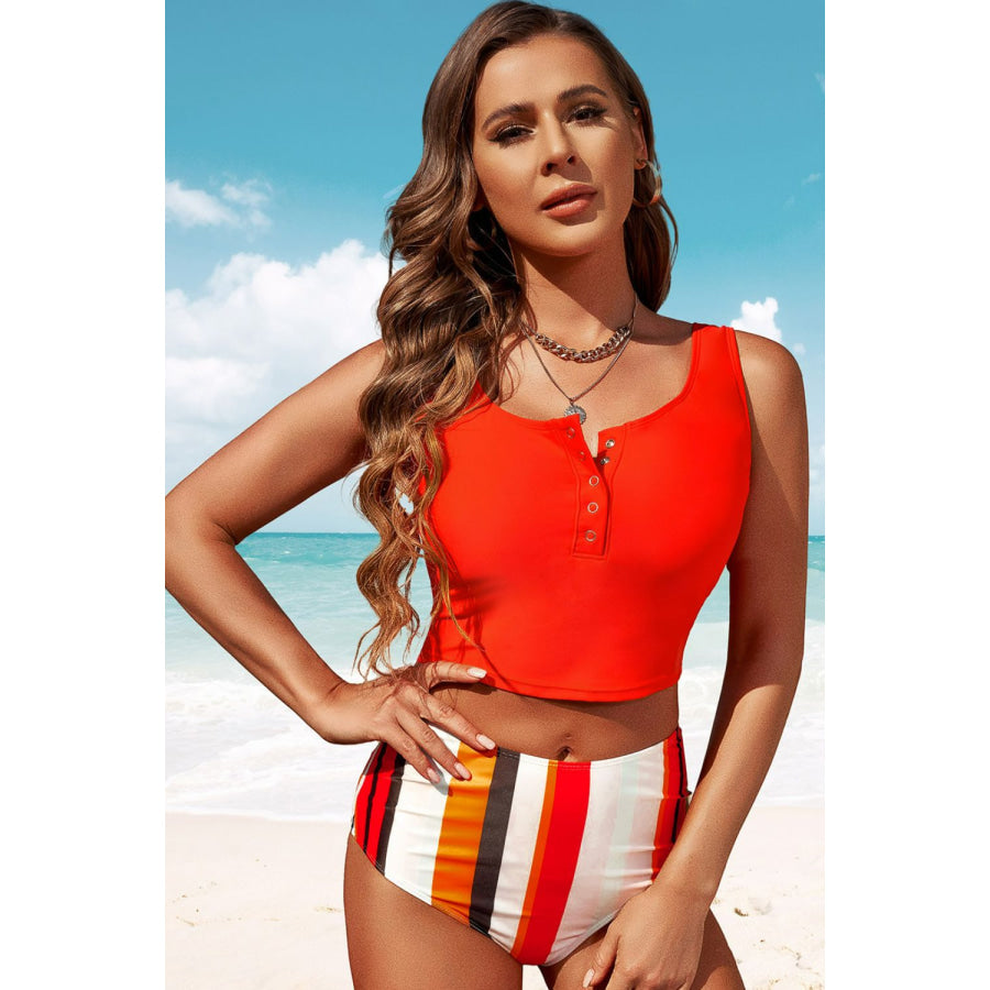 Half Snap Square Neck Tankini Set Apparel and Accessories