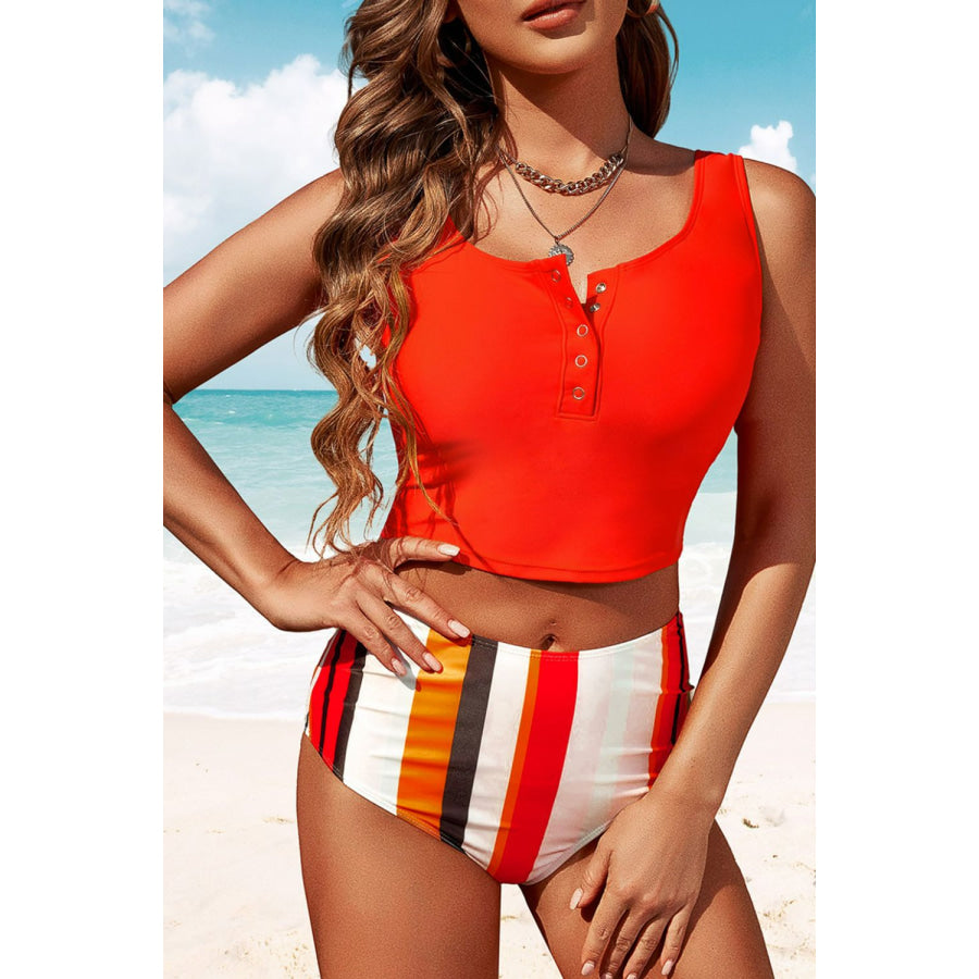 Half Snap Square Neck Tankini Set Apparel and Accessories