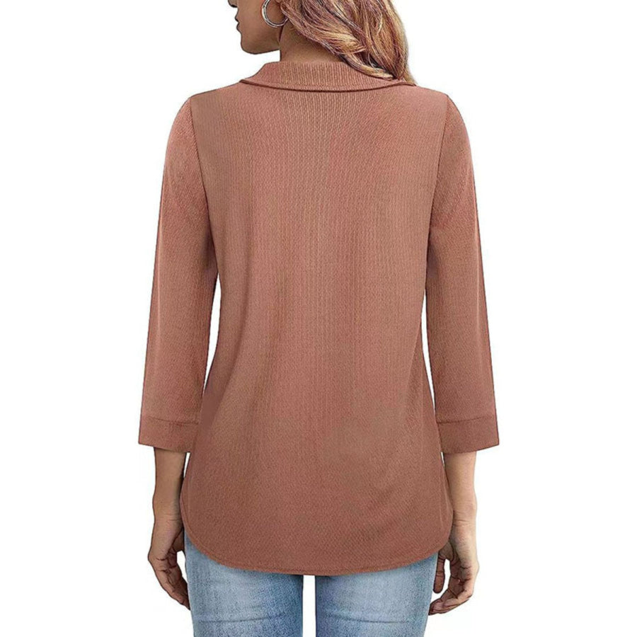 Half Zip Collared Neck Three-Quarter Sleeve T-Shirt Apparel and Accessories