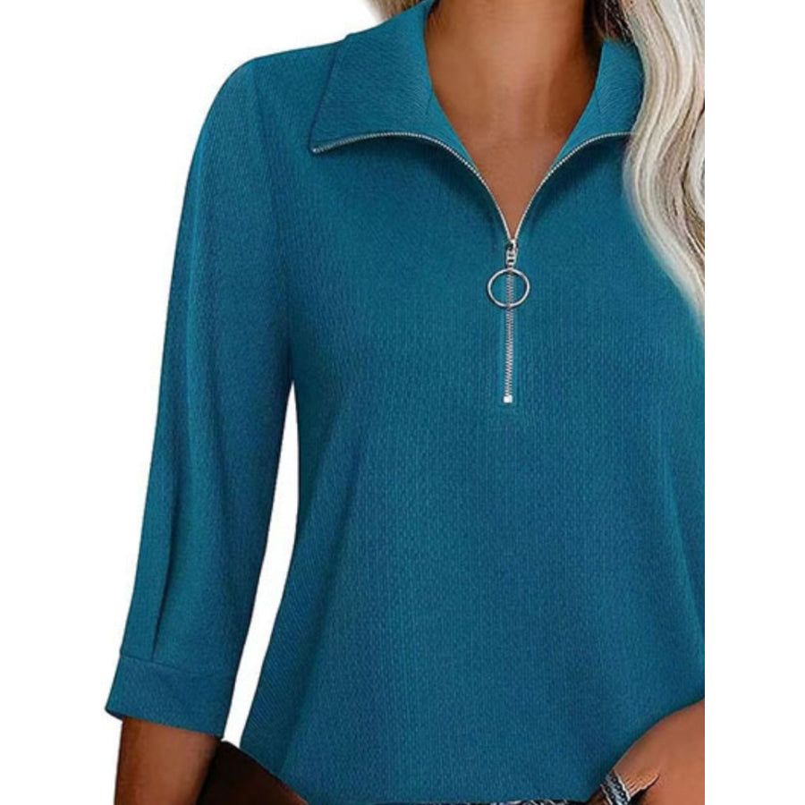 Half Zip Collared Neck Three-Quarter Sleeve T-Shirt Apparel and Accessories