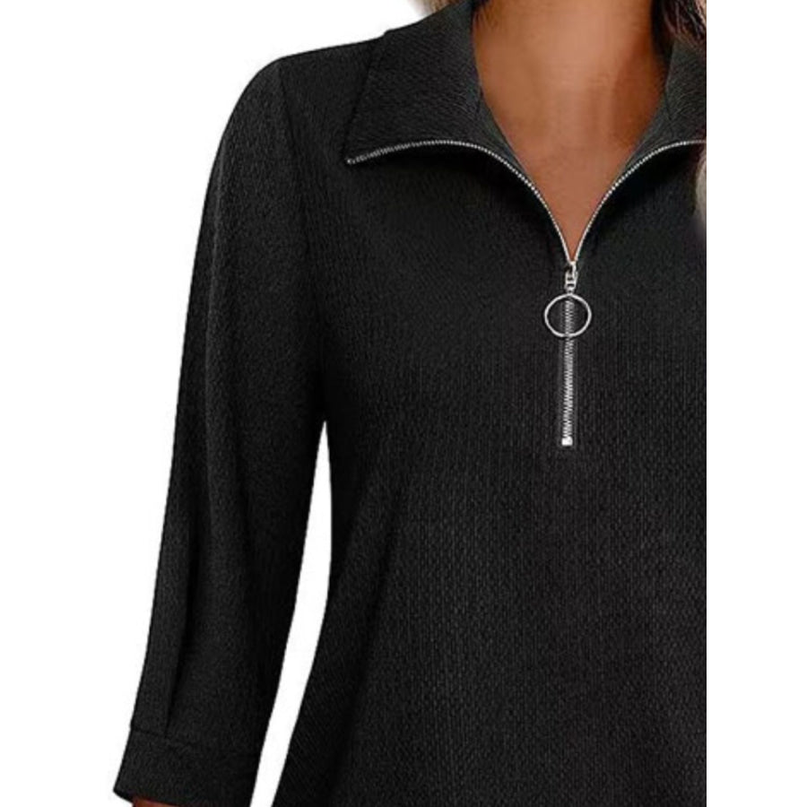 Half Zip Collared Neck Three-Quarter Sleeve T-Shirt Apparel and Accessories