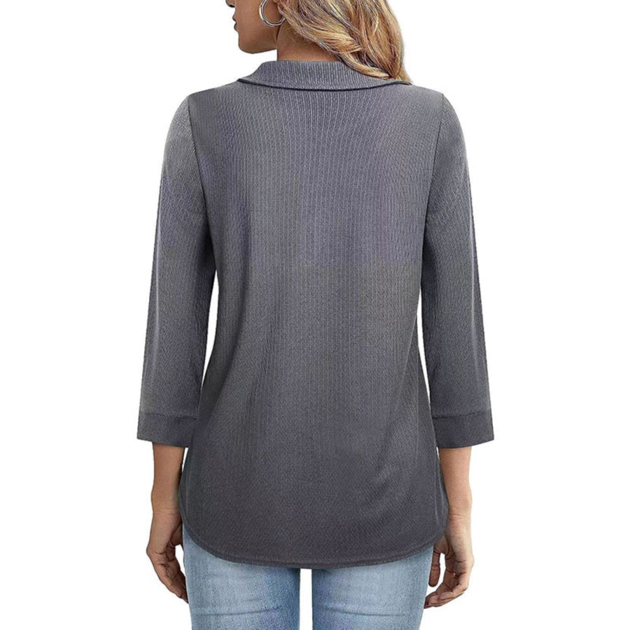 Half Zip Collared Neck Three-Quarter Sleeve T-Shirt Apparel and Accessories