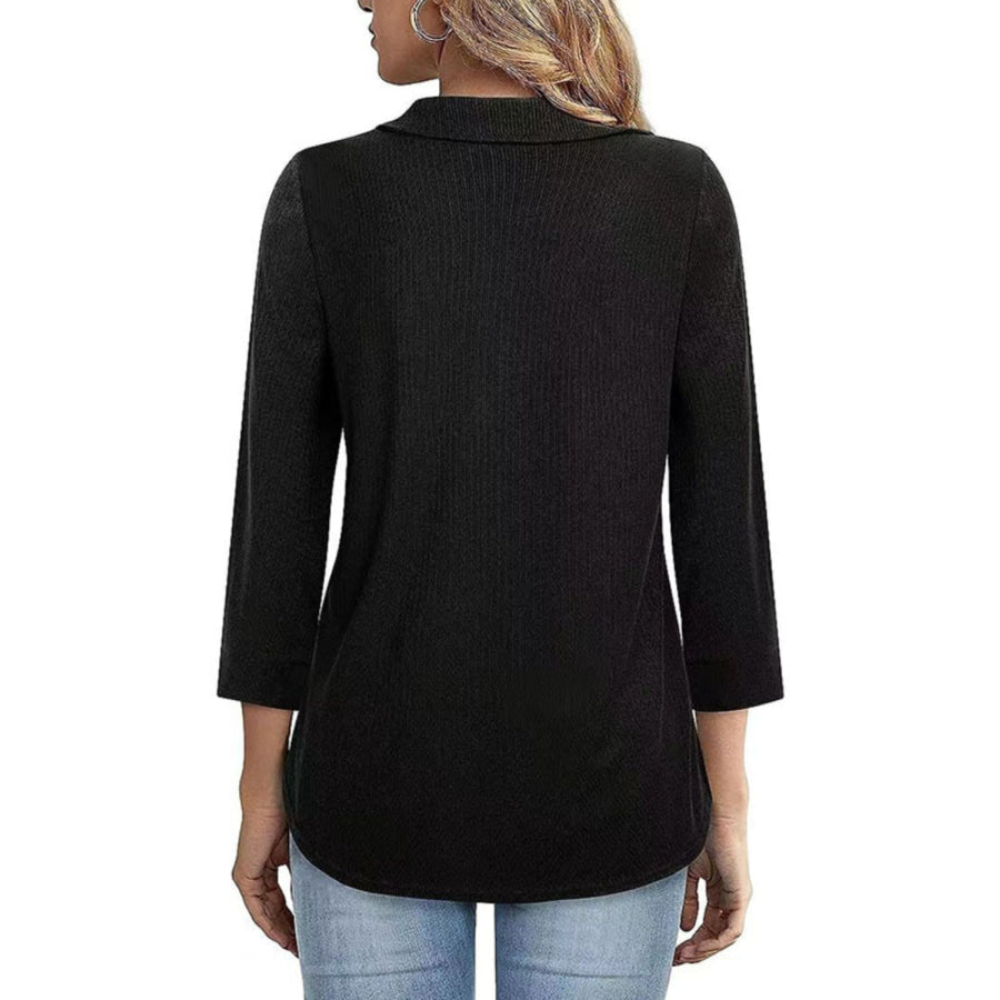 Half Zip Collared Neck Three-Quarter Sleeve T-Shirt Apparel and Accessories