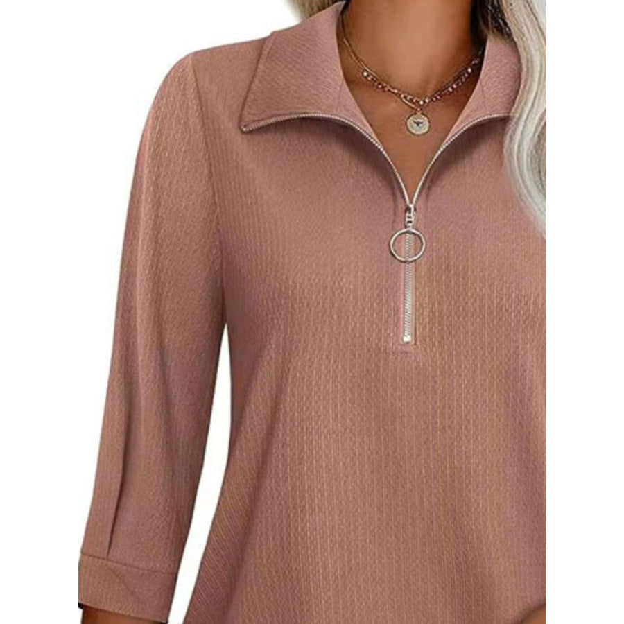 Half Zip Collared Neck Three-Quarter Sleeve T-Shirt Apparel and Accessories