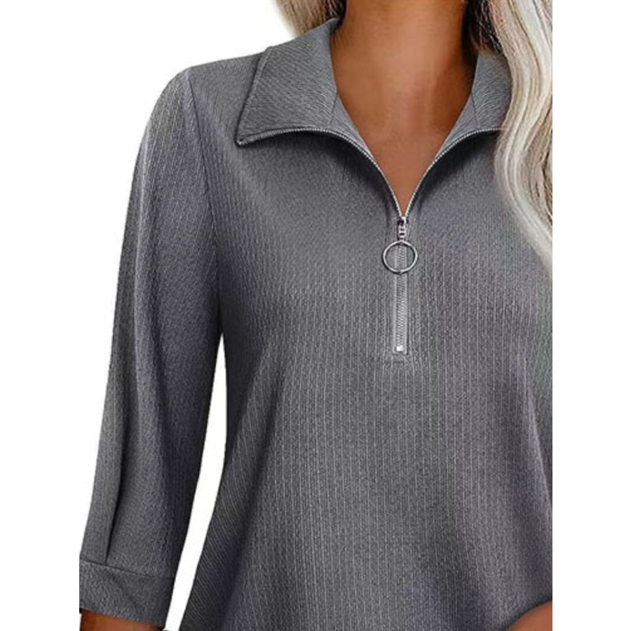 Half Zip Collared Neck Three-Quarter Sleeve T-Shirt Apparel and Accessories