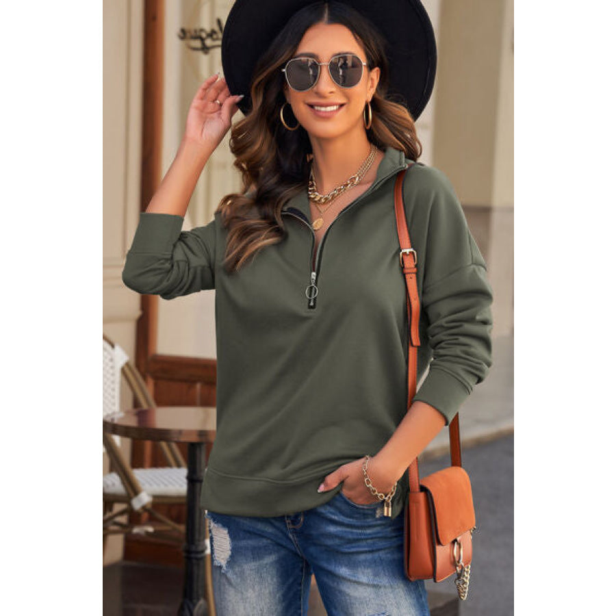 Half Zip Dropped Shoulder Long Sleeve Sweatshirt Army Green / S Apparel and Accessories