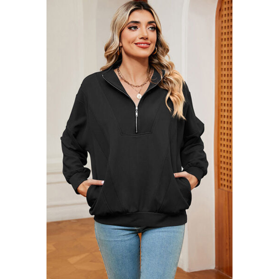 Half Zip Dropped Shoulder Sweatshirt Black / S Apparel and Accessories