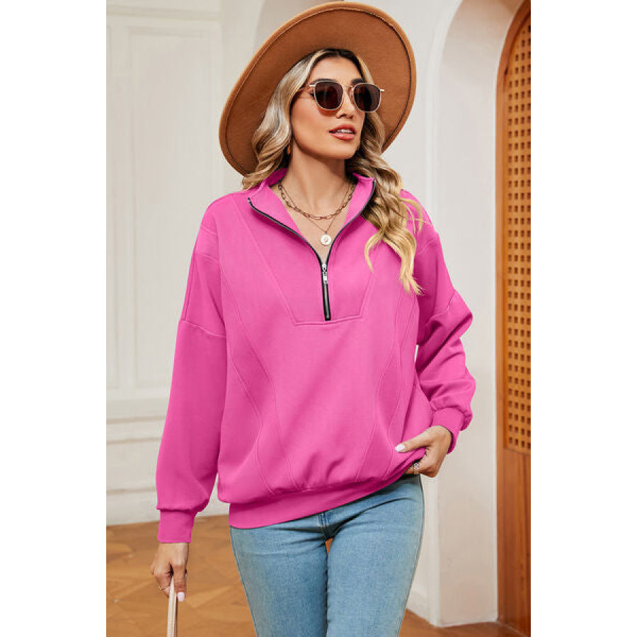 Half Zip Dropped Shoulder Sweatshirt Hot Pink / S Apparel and Accessories