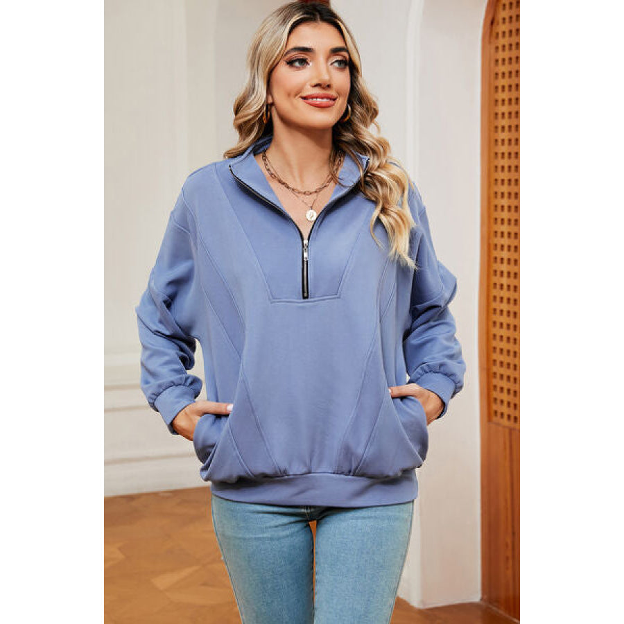 Half Zip Dropped Shoulder Sweatshirt Misty Blue / S Apparel and Accessories