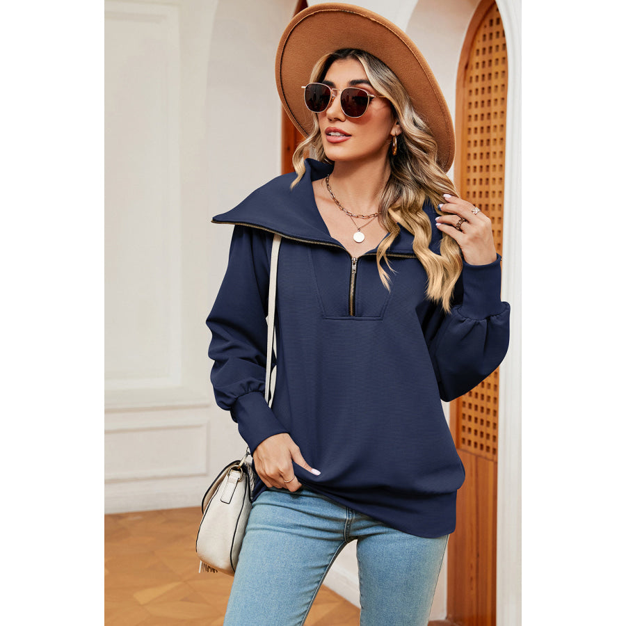 Half Zip Lantern Sleeve Sweatshirt Navy / S Apparel and Accessories