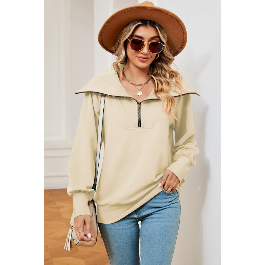 Half Zip Lantern Sleeve Sweatshirt Pastel Yellow / S Apparel and Accessories