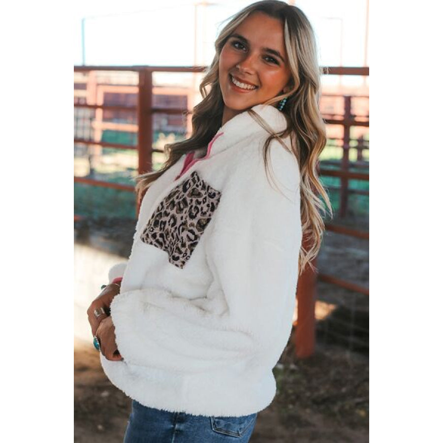 Half Zip Leopard Contrast Long Sleeve Sweatshirt Clothing