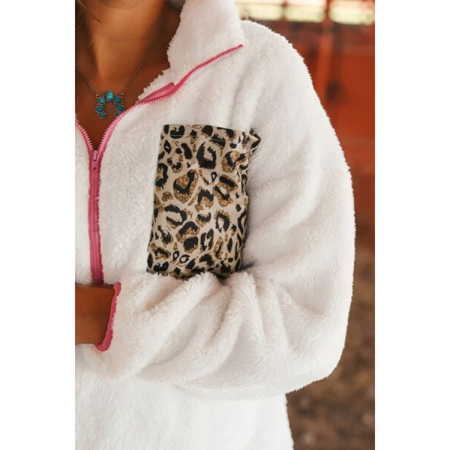 Half Zip Leopard Contrast Long Sleeve Sweatshirt Clothing