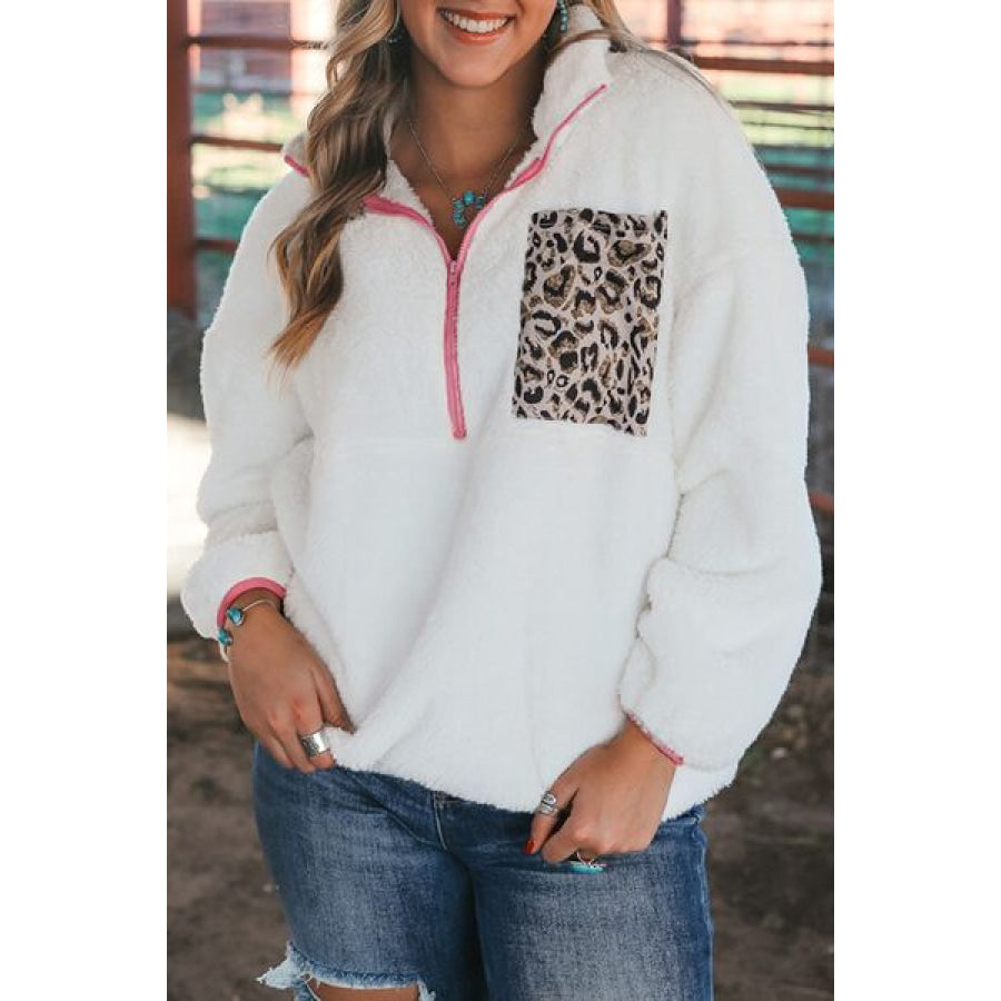Half Zip Leopard Contrast Long Sleeve Sweatshirt Clothing