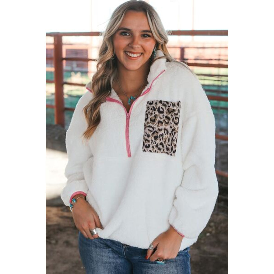 Half Zip Leopard Contrast Long Sleeve Sweatshirt White / S Clothing