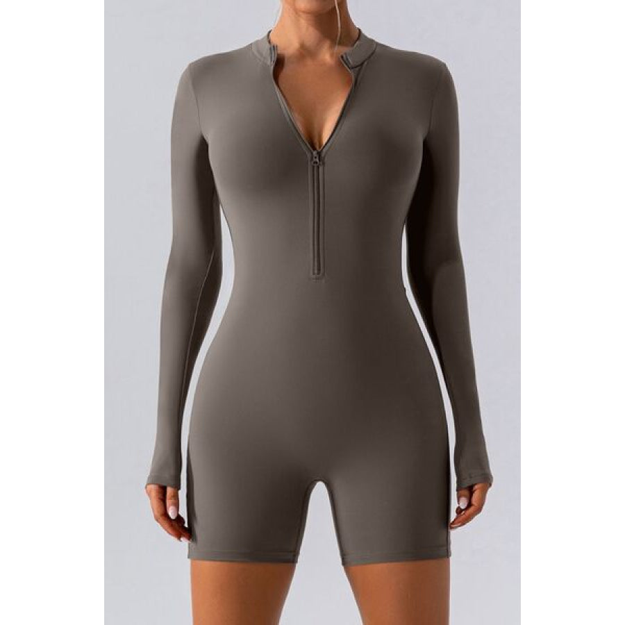Half Zip Long Sleeve Active Romper Charcoal / S Apparel and Accessories