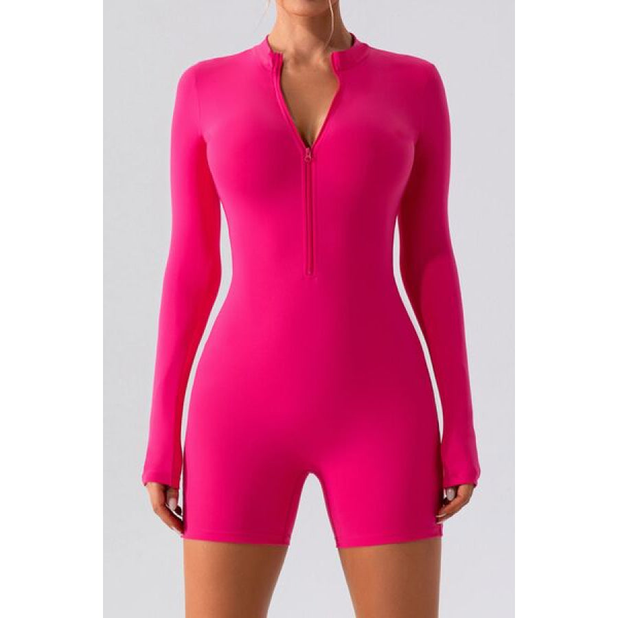 Half Zip Long Sleeve Active Romper Hot Pink / S Apparel and Accessories