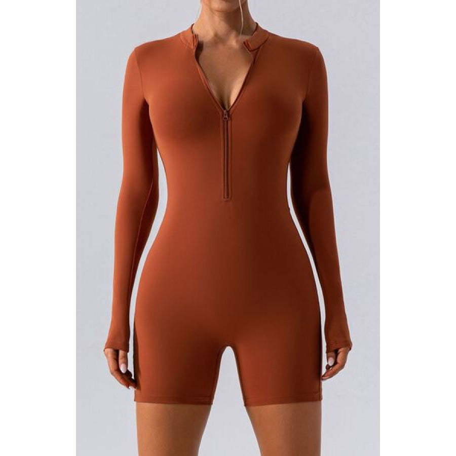 Half Zip Long Sleeve Active Romper Ochre / S Apparel and Accessories