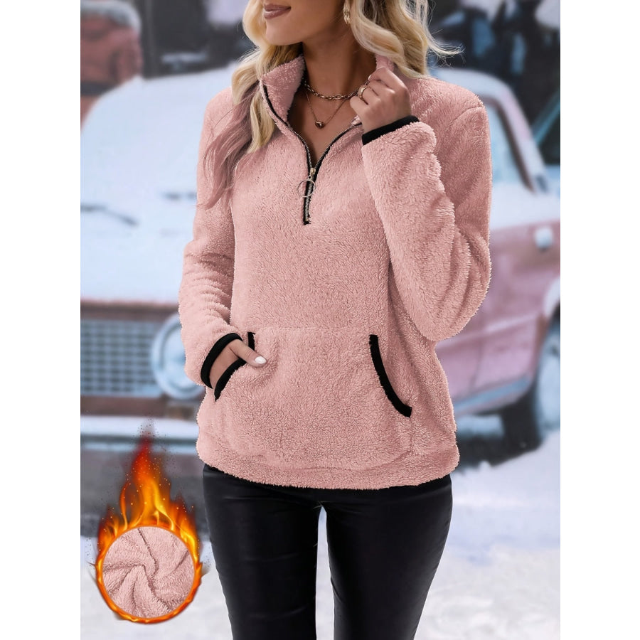 Half Zip Long Sleeve Furry Sweatshirt Blush Pink / S Apparel and Accessories
