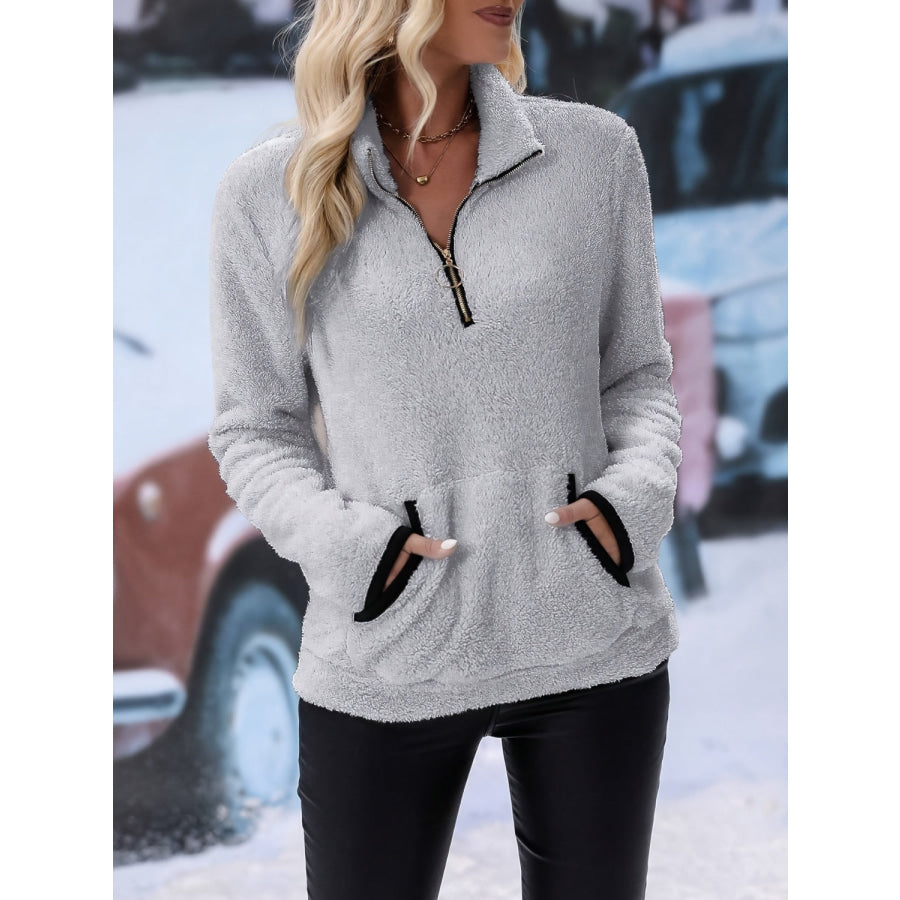 Half Zip Long Sleeve Furry Sweatshirt Light Gray / S Apparel and Accessories