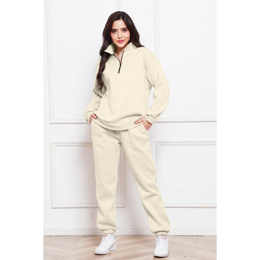 Half Zip Long Sleeve Sweatshirt and Pants Set Ivory / S Clothing