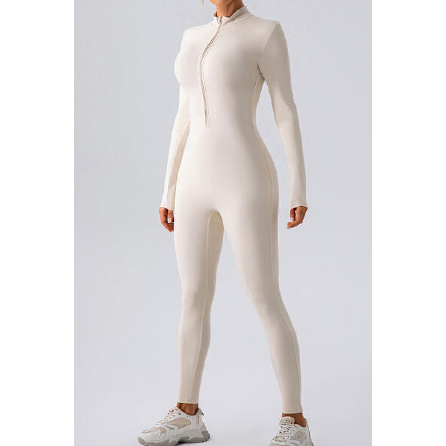 Half Zip Mock Neck Active Jumpsuit White / S Clothing