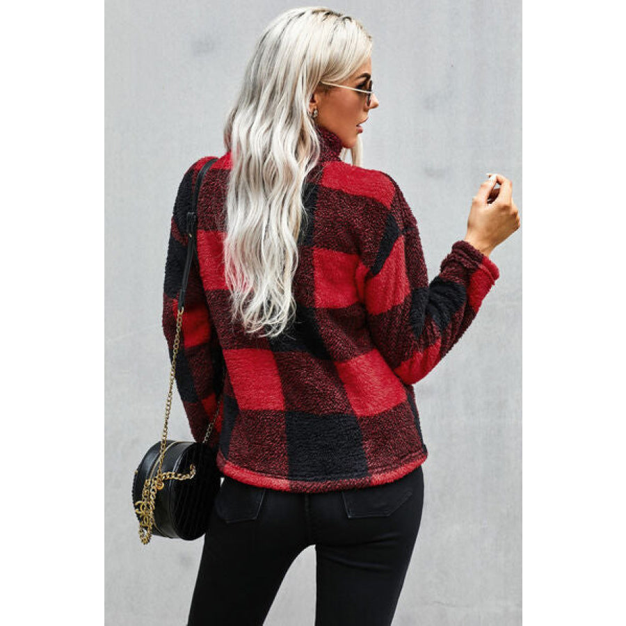 Half Zip Plaid Turtleneck Sweatshirt Apparel and Accessories