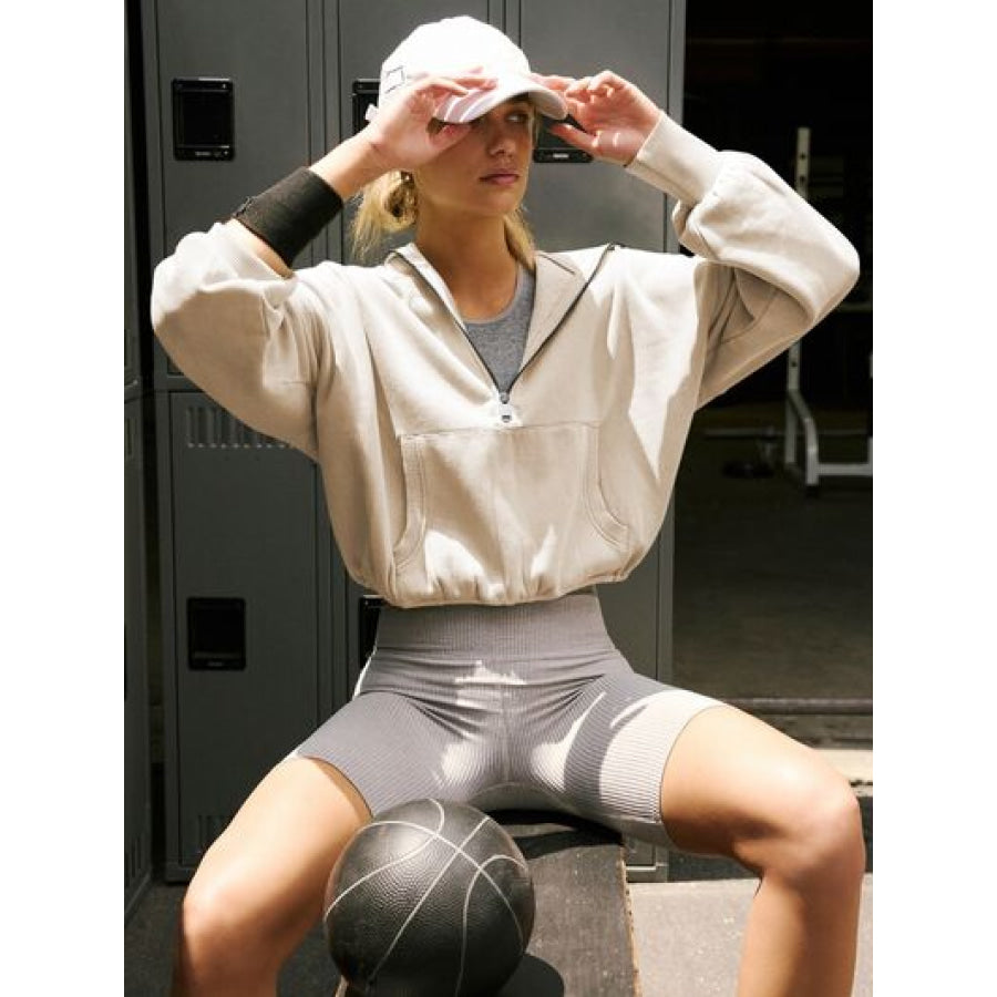 Half Zip Pocketed Dropped Shoulder Hoodie Apparel and Accessories