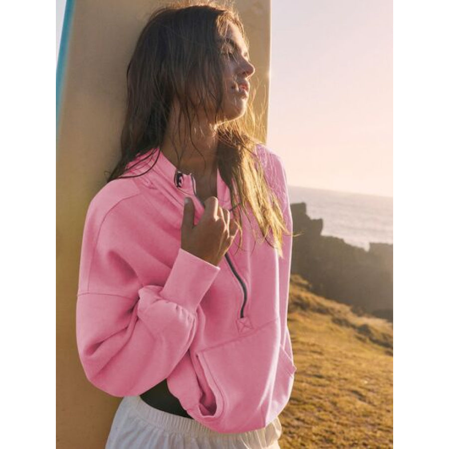 Half Zip Pocketed Dropped Shoulder Hoodie Fuchsia Pink / S Apparel and Accessories
