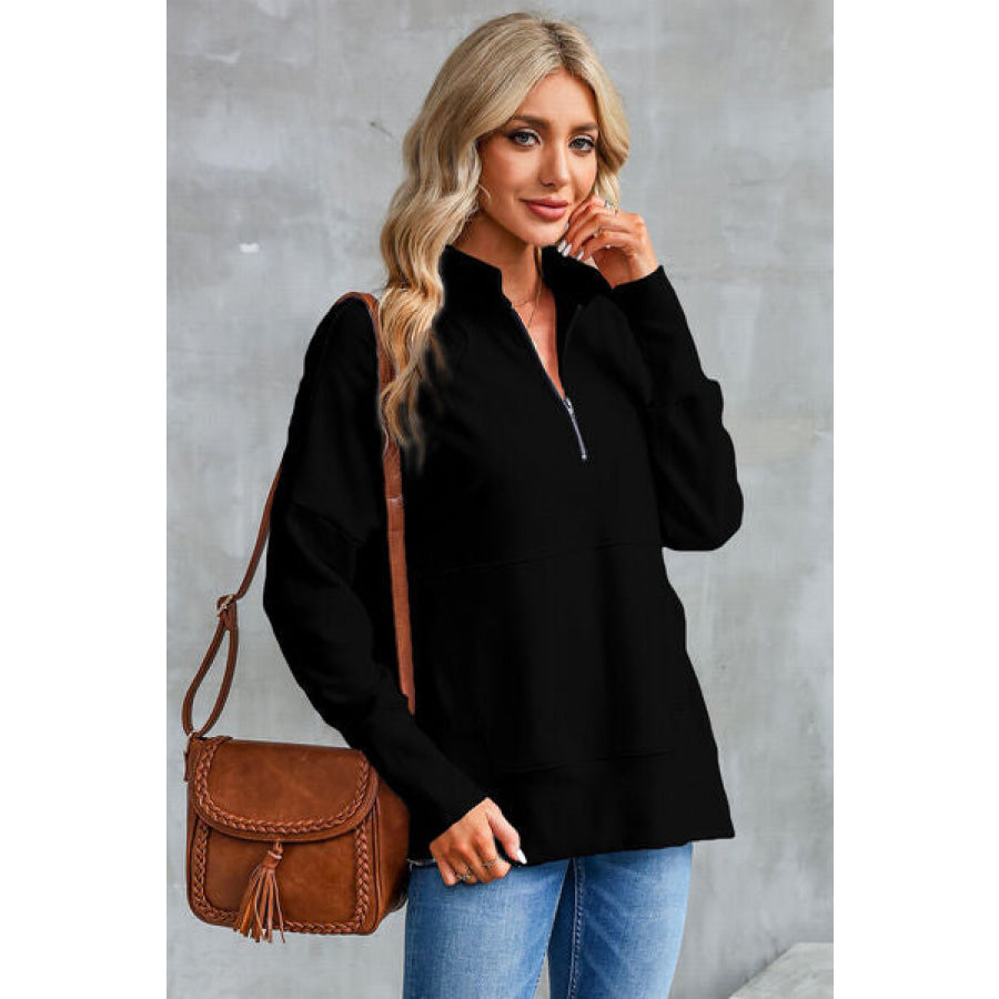 Half Zip Pocketed Dropped Shoulder Sweatshirt Apparel and Accessories