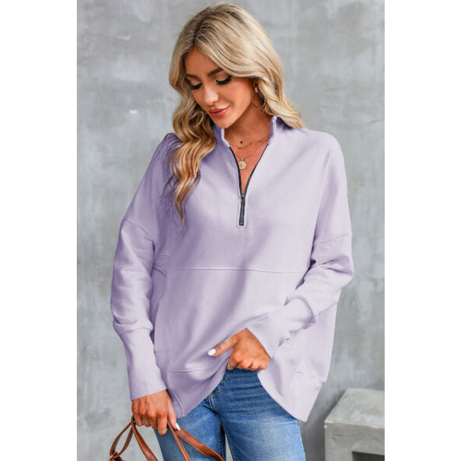 Half Zip Pocketed Dropped Shoulder Sweatshirt Apparel and Accessories