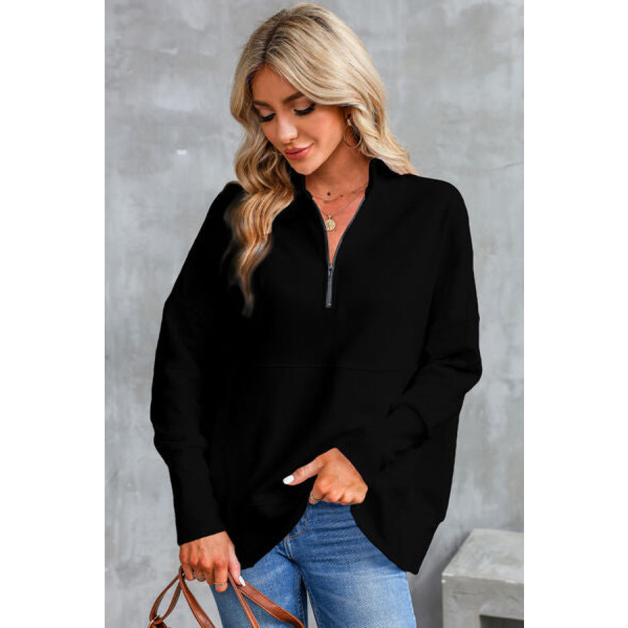 Half Zip Pocketed Dropped Shoulder Sweatshirt Black / S Apparel and Accessories