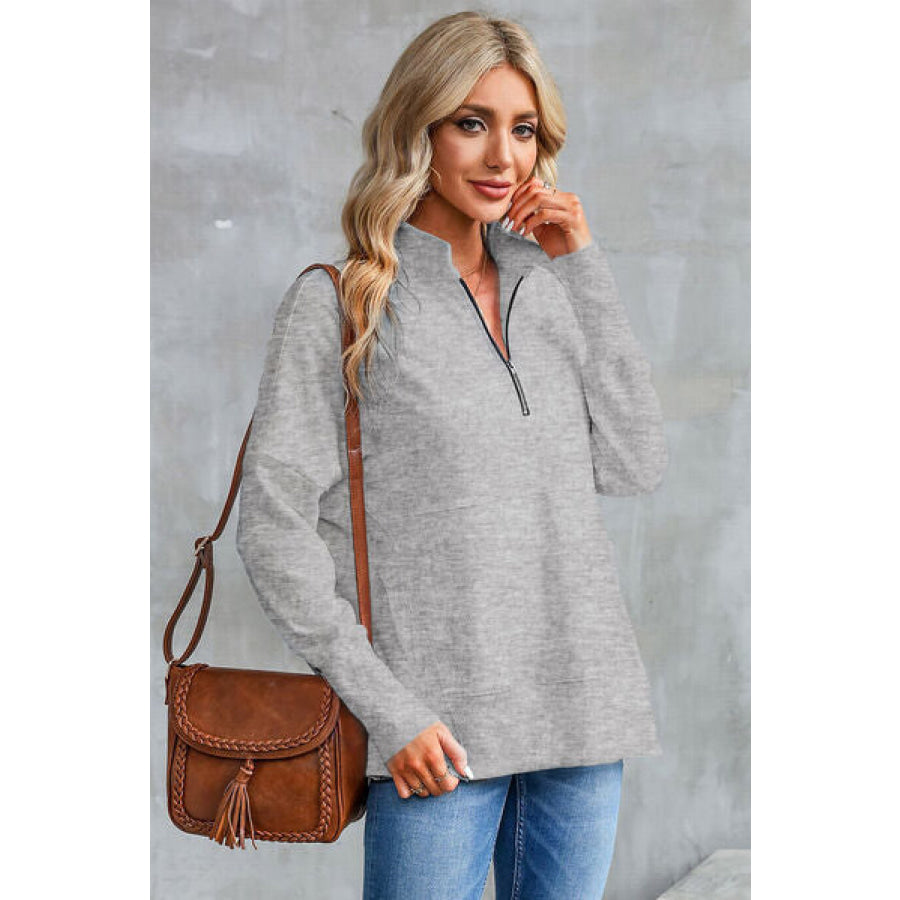 Half Zip Pocketed Dropped Shoulder Sweatshirt Charcoal / S Apparel and Accessories