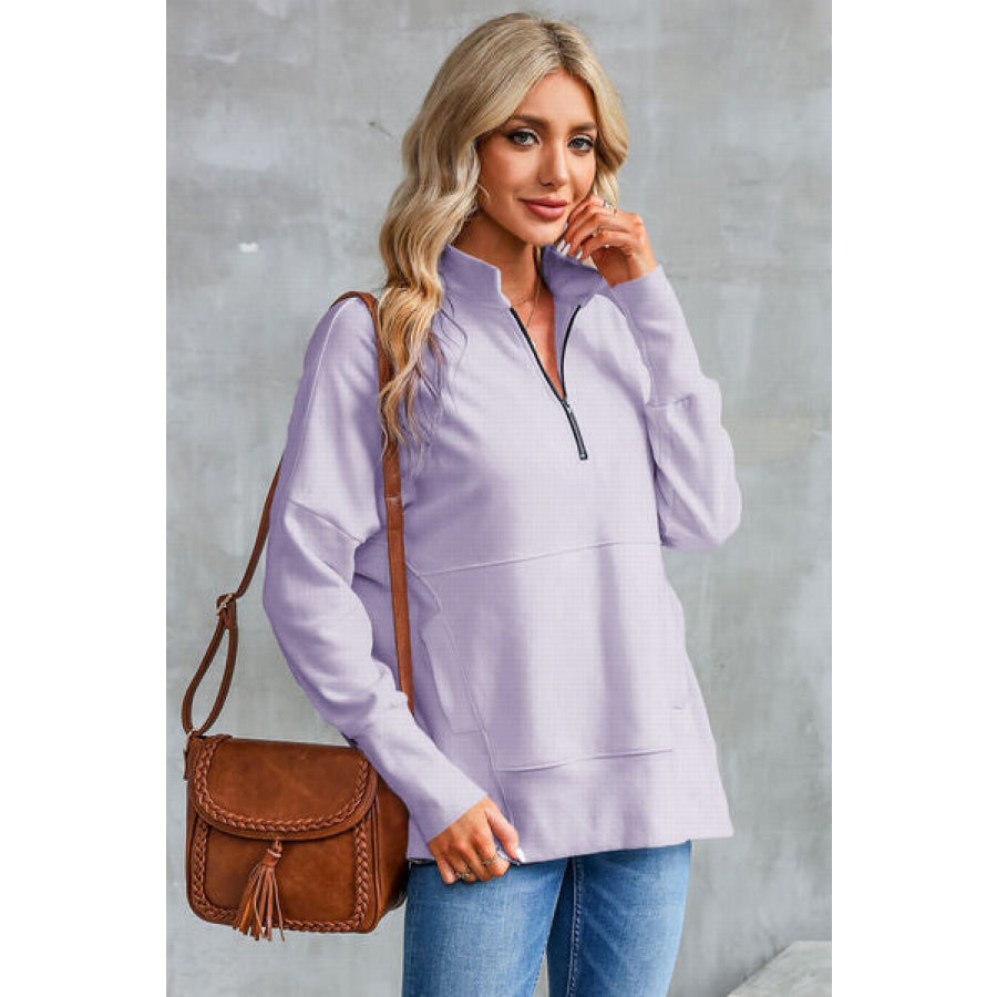 Half Zip Pocketed Dropped Shoulder Sweatshirt Lavender / S Apparel and Accessories
