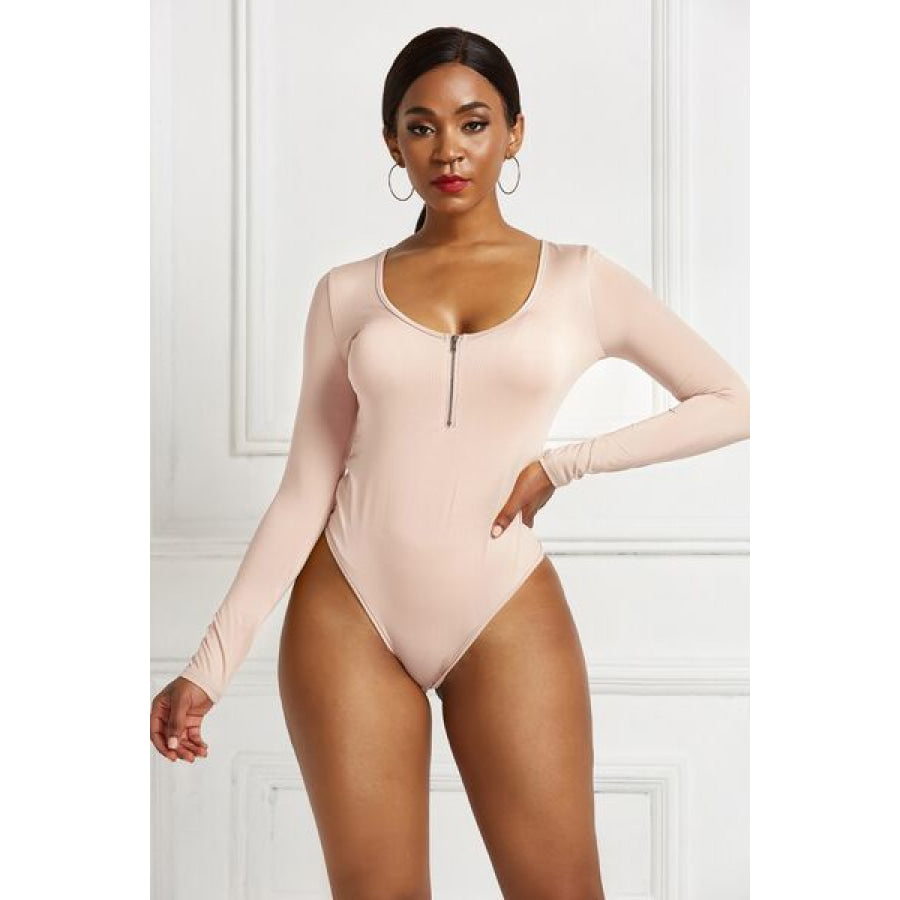 Half Zip Scoop Neck Long Sleeve Bodysuit Clothing