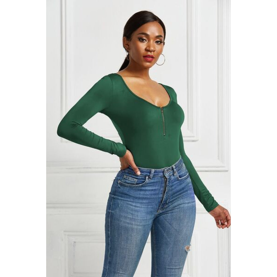 Half Zip Scoop Neck Long Sleeve Bodysuit Clothing