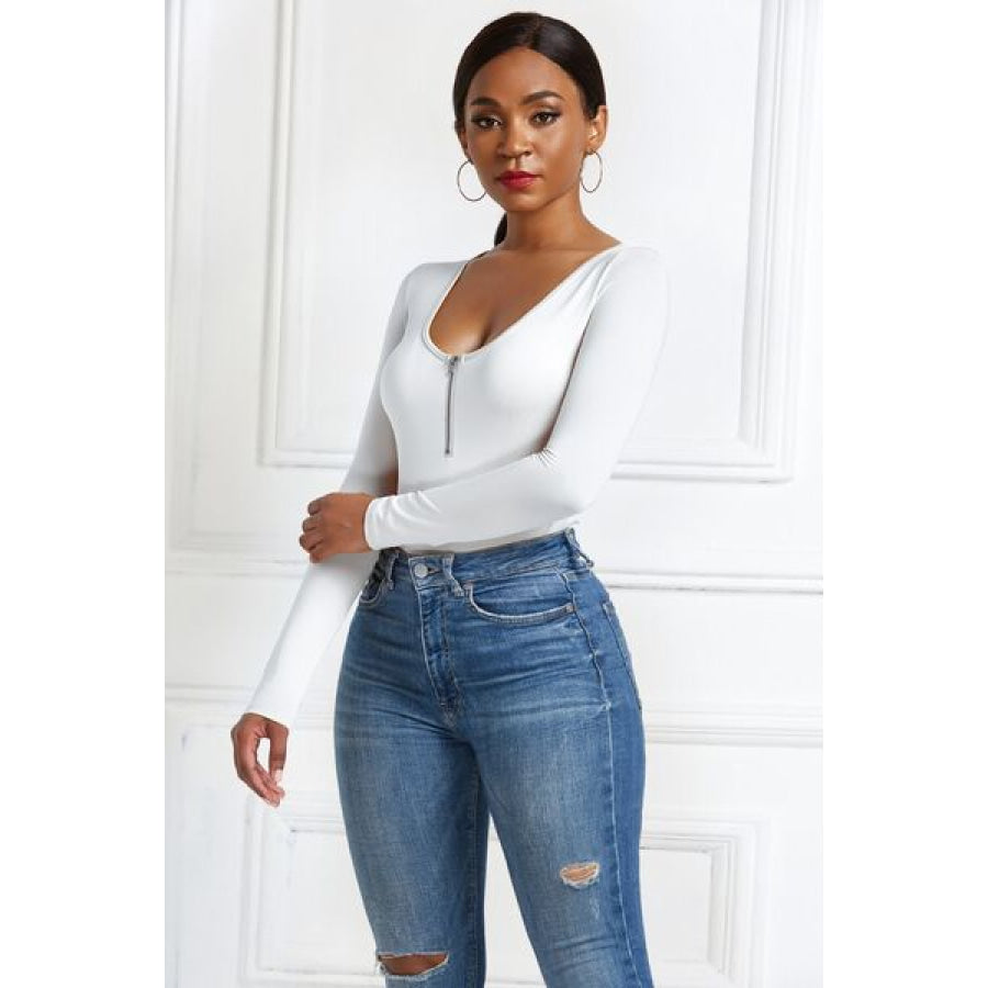 Half Zip Scoop Neck Long Sleeve Bodysuit Clothing