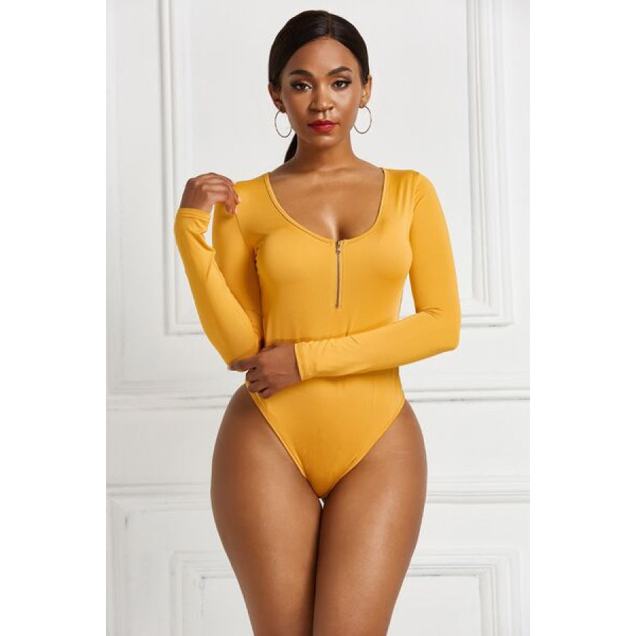 Half Zip Scoop Neck Long Sleeve Bodysuit Clothing