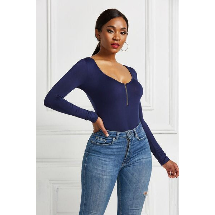 Half Zip Scoop Neck Long Sleeve Bodysuit Clothing