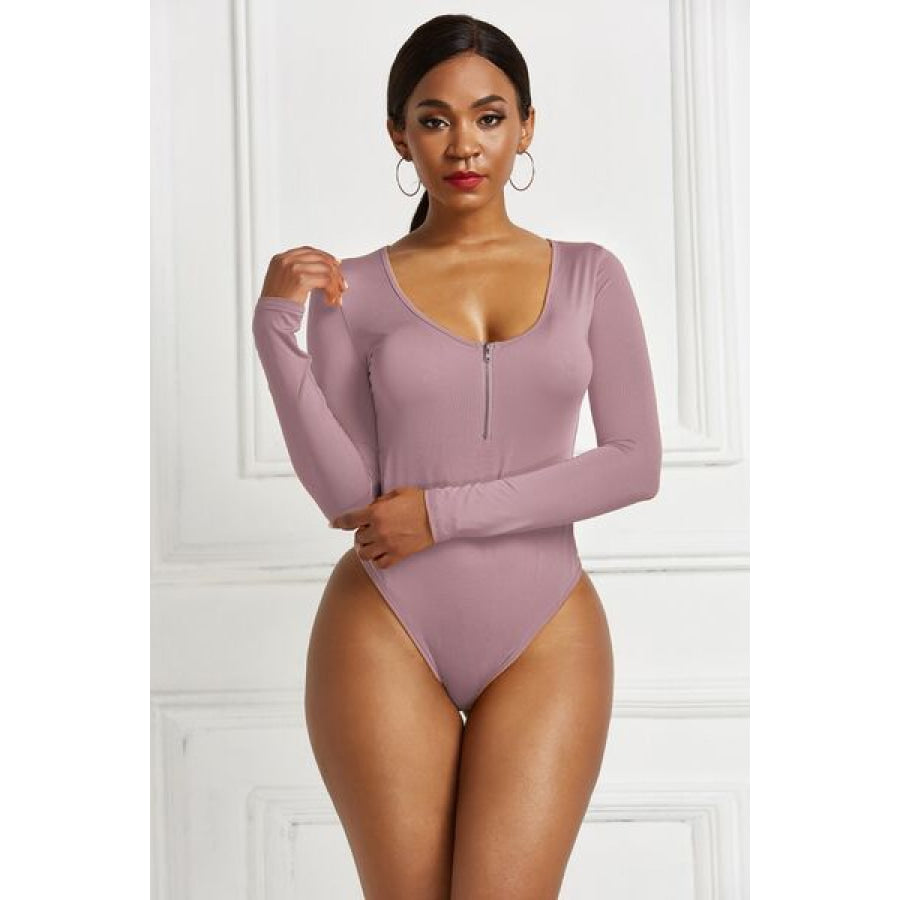 Half Zip Scoop Neck Long Sleeve Bodysuit Light Mauve / S Clothing