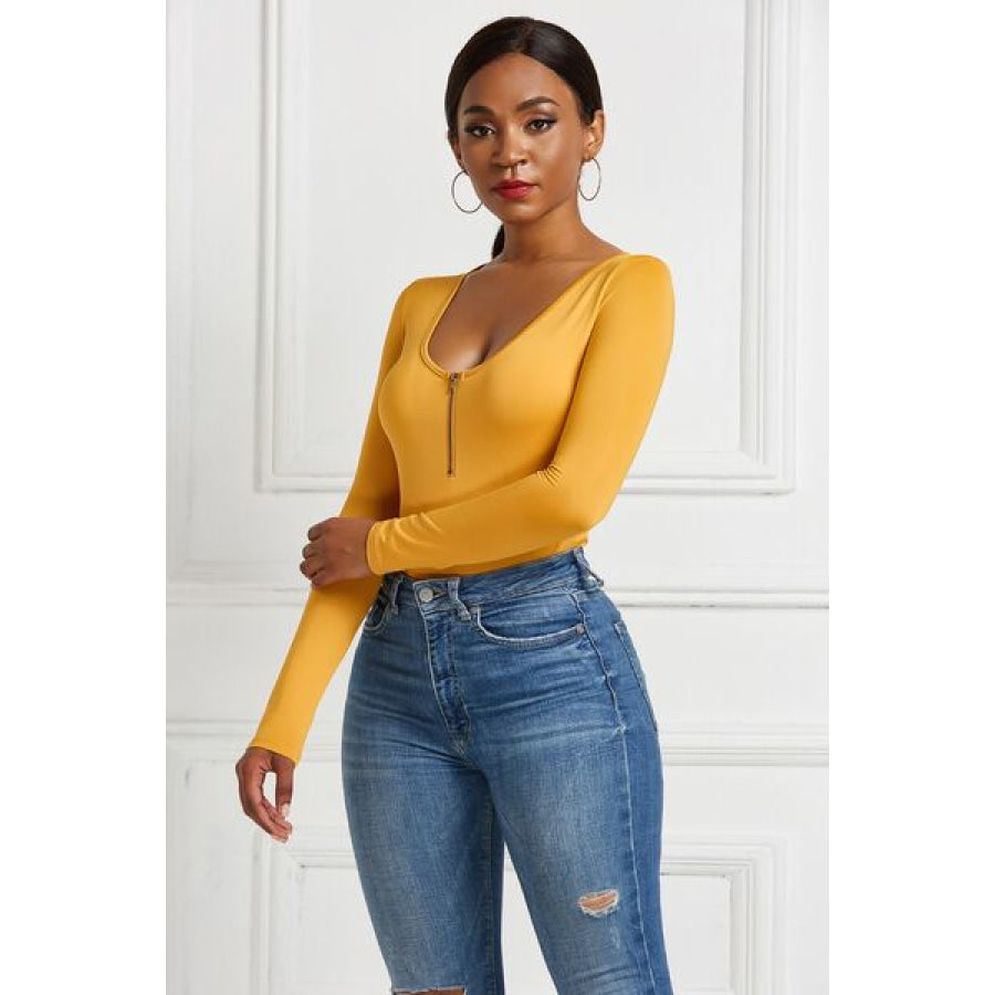 Half Zip Scoop Neck Long Sleeve Bodysuit Mustard / S Clothing