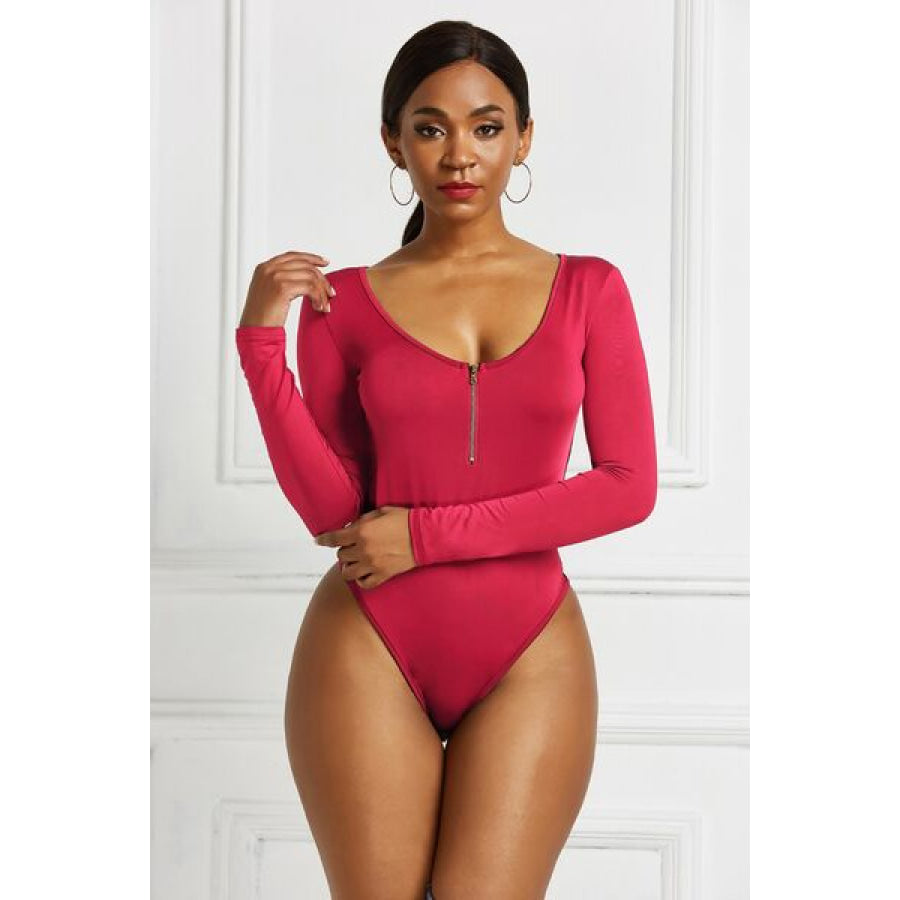 Half Zip Scoop Neck Long Sleeve Bodysuit Scarlet / S Clothing