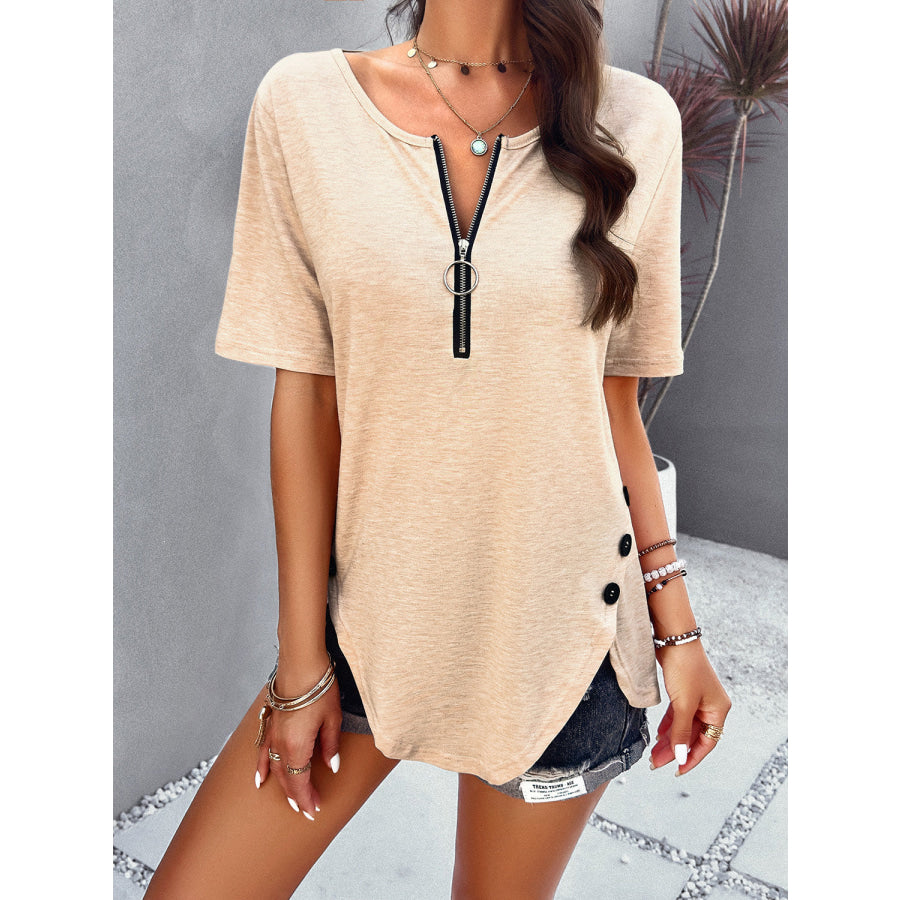 Half Zip Half Sleeve T-Shirt Sand / S Apparel and Accessories